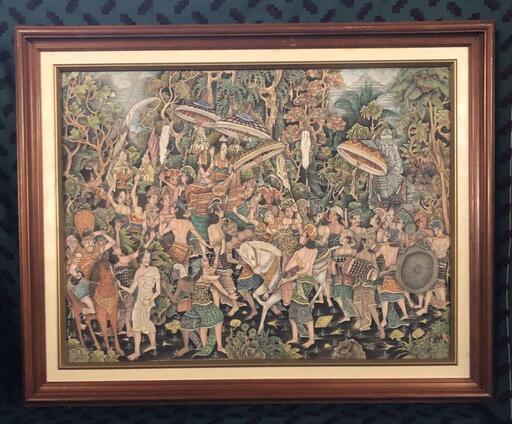 海外購入　油彩画　DESI　UBUD　ウブドの森　アジアン絵画　布絵　直筆肉筆　銘　額装品