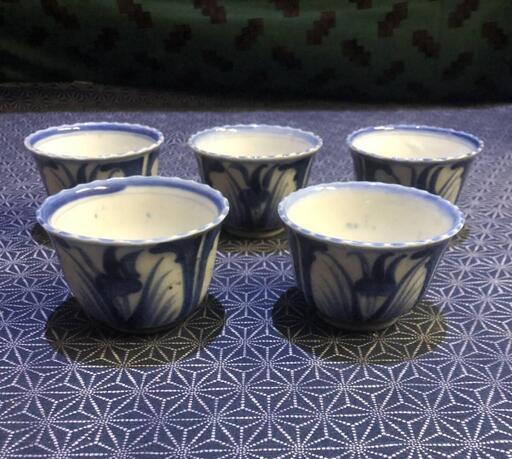 蔵出し品　古伊万里　蕎麦猪口　湯呑み　染付　植物　水仙の花の図　五客セット