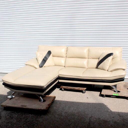 T838) 【送料別】ニトリ 3人掛けコーナーソファ ロゾ4 レザー 本革 幅237cm ポケットコイル ジョイント式 カウチ ハーフレザー 3P NITORI