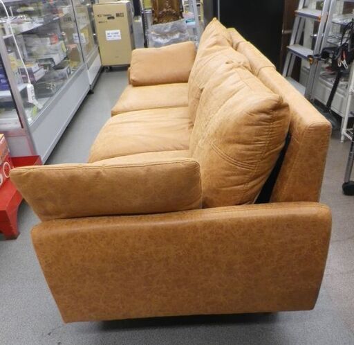 ヴィンテージ風 3人掛けソファ キャメルブラウン レザー調 幅181㎝ 3