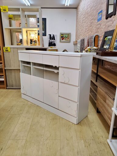 ミッキーモチーフ カウンター下収納 キャビネット ホワイト■幅119cm×奥行30cm×高さ85cm■近隣配送無料 買取帝国 朝霞店