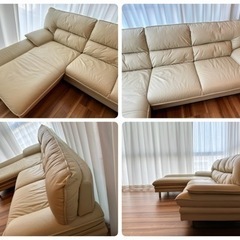 カウチソファー 本革 3人掛け アイボリー レザー 高級 大型ワイド