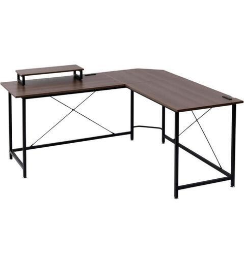 153e　 山善 デスク 幅160×奥行160×高さ76cm L字 モニター台付き 組立品 ブラウン PND-1600  y030805e