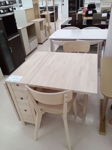 ★ジモティ割あり★ IKEA ゲートレッグテーブル イスセット ホワイトベージュ W93～152.5×D80×H74.5 クリーニング済み TC2051