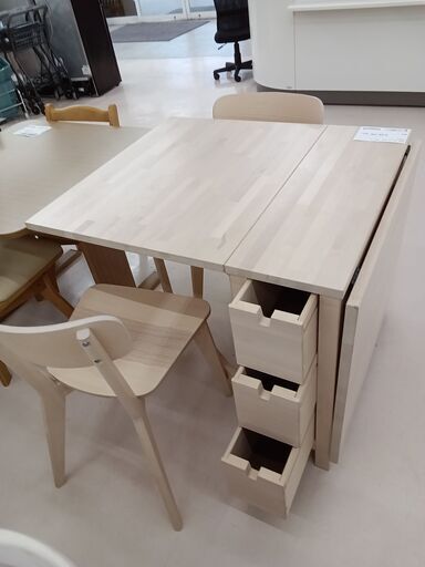 ★ジモティ割あり★ IKEA ゲートレッグテーブル イスセット ホワイトベージュ W93～152.5×D80×H74.5 クリーニング済み TC2051