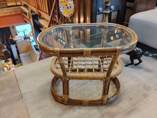ラタンガラステーブル コーヒーテーブル 籐家具 昭和レトロ /TJ-1720 