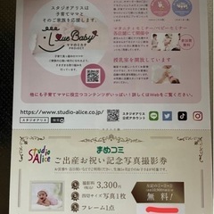 【 スタジオアリス 】記念写真プレゼント券　クーポン割引券 百日...