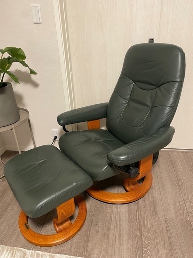 エコーネス　ストレスレスチェア　深緑　オットマン　グレーカバーセット