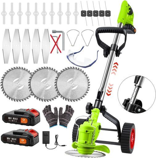 ★新品未使用★草刈り機　芝刈り機　充電式　バッテリー2個付　4種類替刃　伸縮ポール　角度調整可