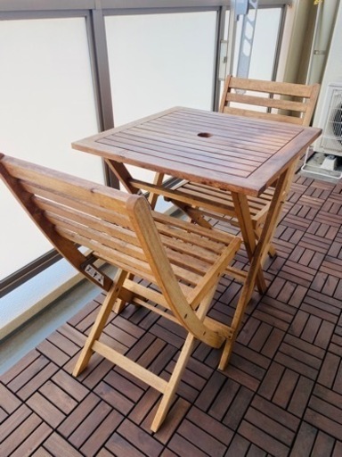【値下】木製ファニチャー　3点セット　カインズホーム　ベランダ　バルコニー　デスク　椅子