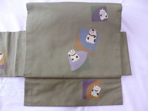 ☆切らずに出来る作り帯☆名古屋帯☆可愛いねこ柄☆草木染☆