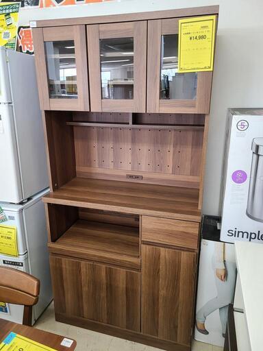 J4478　LOWYA　ロウヤ　3枚扉食器棚　キッチン収納　レンジ台　ブラウン　クリーニング済　【リユースのサカイ柏店】