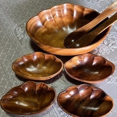 木製食器5点セット(大皿1個、小皿4個)中古品