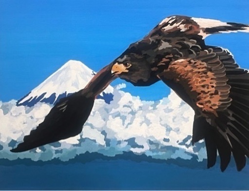 富士と鷹　アクリル画、オリジナル、猛禽類、アート