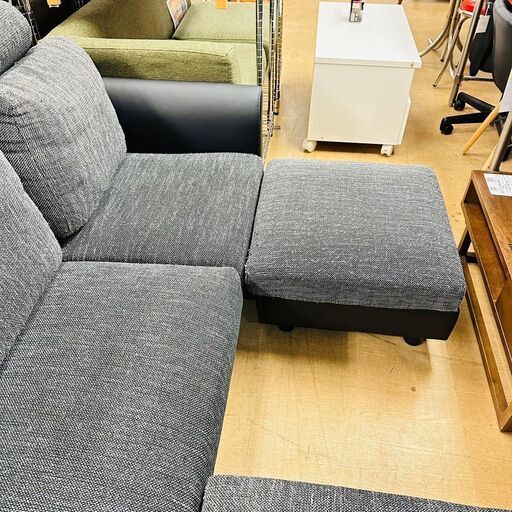 7/28Ⅼ字ソファー 3人掛け オットマン 布 ブラック - 3人掛けソファ 