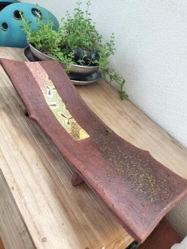 定価4万　九谷焼　中村梅山　象嵌色絵長皿　クリムトを連想させる美しい器