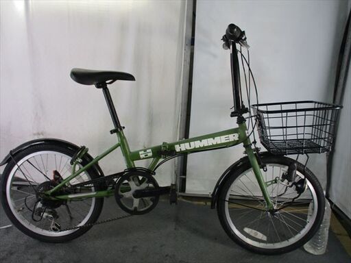D408　★13800円★　折りたたみ中古自転車　HUMMER　カーキ　６段カゴ　ライト付き【20インチ 】