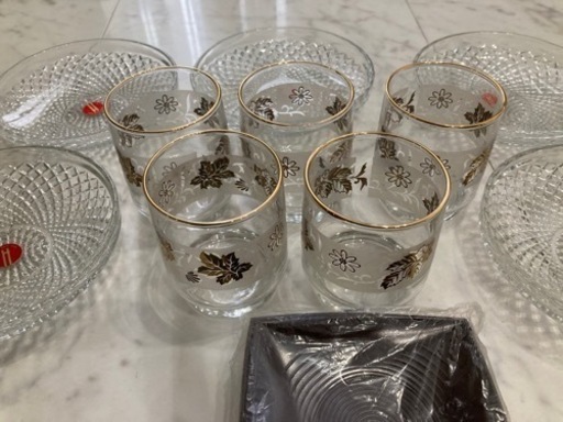 未使用　保管品　HOYA  冷茶　フルーツ皿セット　グラス5ガラス皿5茶托付