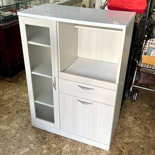 キッチンボード スライド棚付 W75×H105×D40cm 食器棚 ホワイト×木目調 札幌 東区