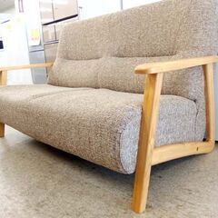 2人掛けソファ② 木製肘掛け ハイバック 幅150cm ブラウンベージュ系 