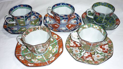 【有田焼】古伊万里　雅祥八角　絵替わりカップ＆ソーサー５客セット