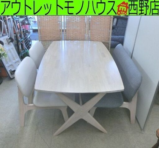 ニトリ ダイニングセット 4人掛け リビングダイニングテーブル4点セット リラックスワイド 幅160 ベンチ チェア2 ブルー系 白系 札幌 西野店