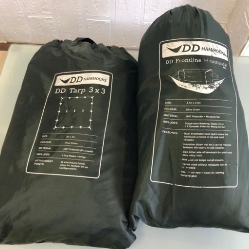 DDハンモック オリーブグリーン キャンプ アウトドア タープ Tarp Hammocks 3m×3m 2.7m×1.4m DDタープ 2点セット 中古品 ラスト1点
