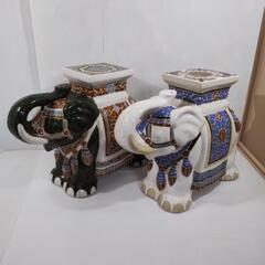 象　置物　花台　花瓶台　2個セット　陶器製　アジア　レトロ　