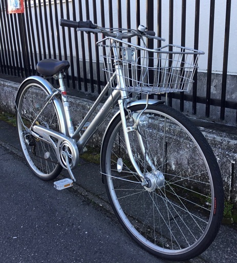 整備済＞シティサイクル 27インチ自転車・シルバー LEDオートライト