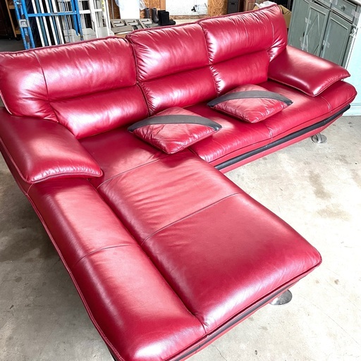 中古◆カウチソファ レザー 3人掛け ソファ  L字ソファー レザーソファー   インパクト大♪♪　クッション2個