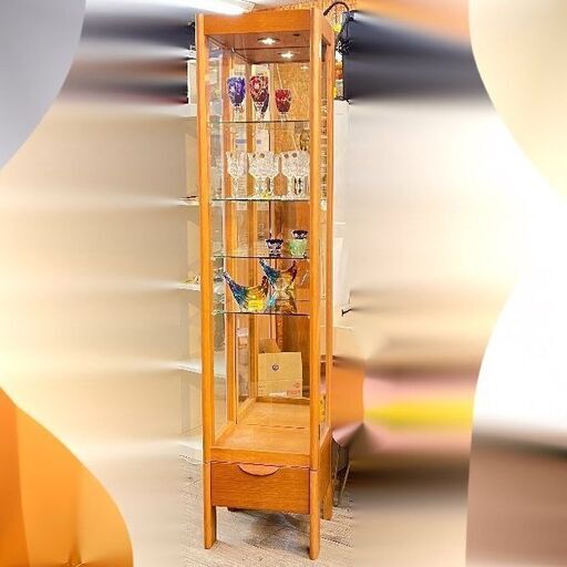 日進木工 照明付き キュリオケース コレクションケース 5段 ガラス棚 オーク材 引出し付き★買取帝国 志木店