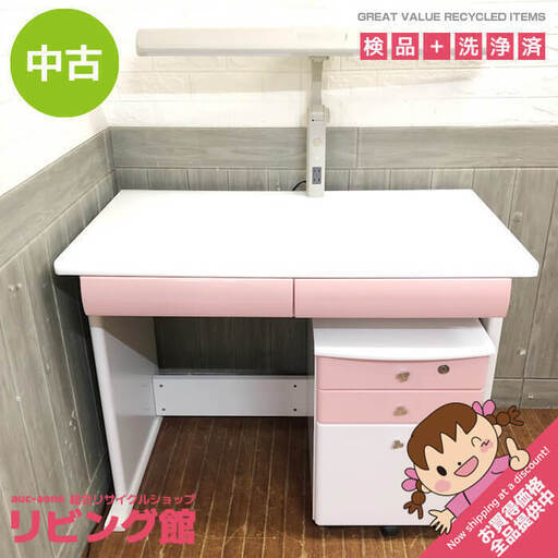 ss6250　学習机＆袖机セット ホワイト×ピンク デスクライト付 学習デスク 白 勉強机 幅100cm コンセント2口付 子供部屋 女の子 インテリア 大商産業 DKM-410 中古学習机