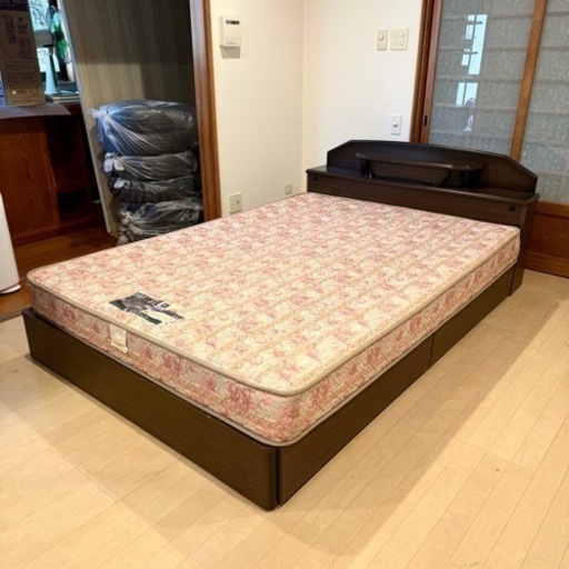 【超美品‼️】高級♪ フランスベッド ダブルベッド 照明\u0026引き出し収納付き セット 木製ダークブラウン♪