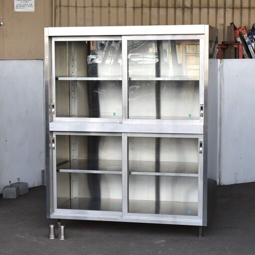 ≪yt1221ジ≫ 大型ステンレスキャビネット ガラス扉 幅140cm 奥行75cm 高さ約180cm 食器棚/戸棚 脚部難あり 現状品 60317-11