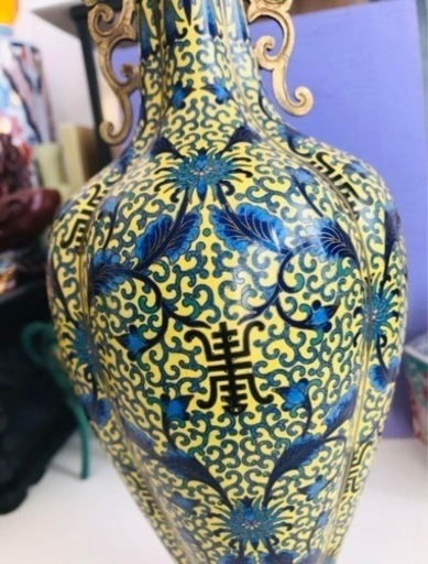 景泰藍 壽 黄地 蓮紋耳付 銅製七宝焼 七宝細工 中国美術 年代品 時代感 景泰藍 壽 黄地 蓮紋耳付 銅製七宝焼 七宝細工 中国美術 年代品