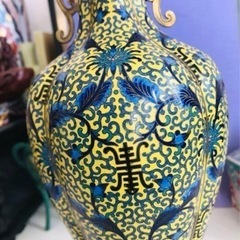 景泰藍 壽 黄地 蓮紋耳付 銅製七宝焼 七宝細工 中国美術 年代品 時代感 景泰藍 壽 黄地 蓮紋耳付 銅製七宝焼 七宝細工 中国美術 年代品