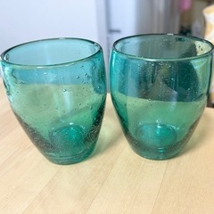 手作り硝子グラス 綺麗な青緑2個セット