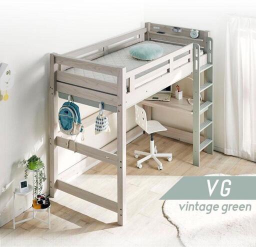 美品 ロフトベッド 子供部屋で使用 白/モスグリーン