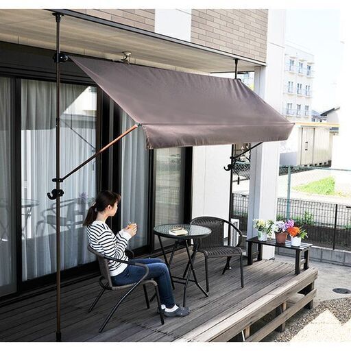 オーニングテント 物干し竿付き 2m 雨よけ 日よけ ベランダ シェード テント オーニング つっぱり UVカット 撥水 ガーデン エクステリア ブラウン BR