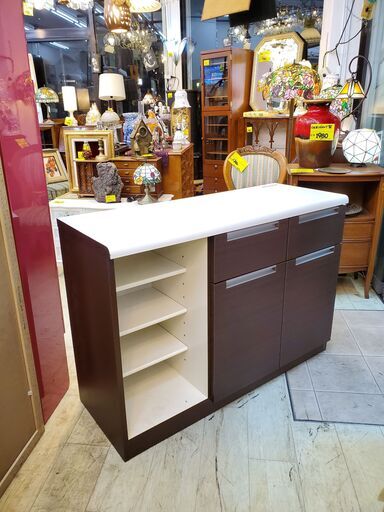 ニトリ NITORI レイジェス120 キッチンカウンター 引出し2個 2枚扉 レンジボード 食器棚 幅120cm×奥行45㎝×高さ83.5㎝★近隣配送無料 買取帝国 朝霞店