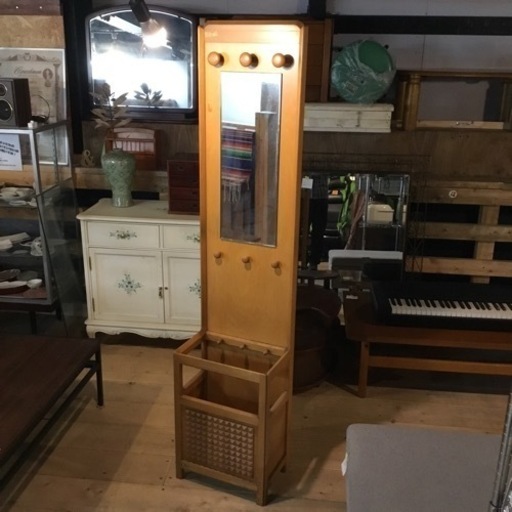 カリモク 木製 ミラー付き 傘立て 鏡 玄関用 小物入れ スタンド 中古
