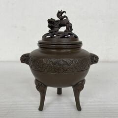 幸雲造 銅製 獅子摘 香炉 茶器 茶道具