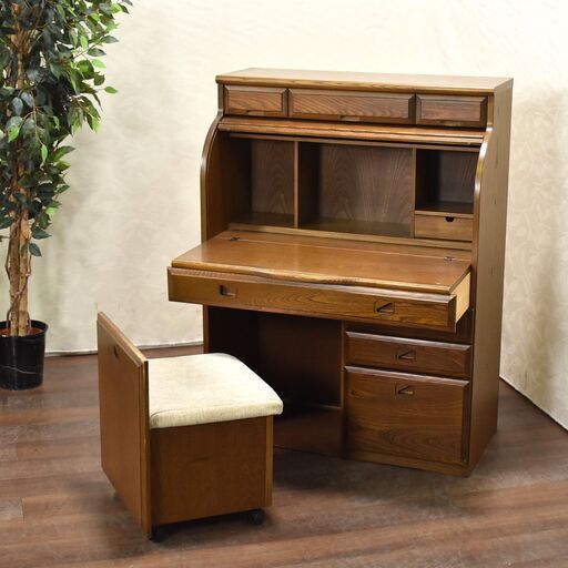 【ヤ取終了10/7】≪zyt1413ジ≫ 中屋家具 ライティングビューロー 幅89cm 鏡付き 椅子収納型 ライティングデスク/机/ミラー/レトロ 現状品 60317-01