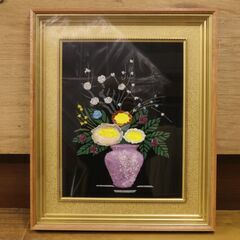 ②宝石画 貴石画 幅47.5cm 額装 木枠 天然石 花 花瓶 ...