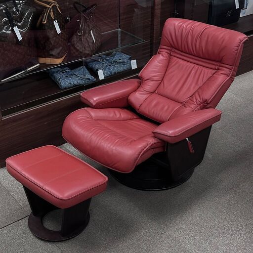 【リサイクル市場エコ伊川谷】TRIBUNA / トリブナ 朝日木材加工 リクライニングチェアセット Pulito 総革張り 回転式 オットマン 【取りに来られる方限定】【軽バン1時間貸出無料】