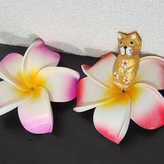 【本日中】バリ風セット 飾り石 プルメリア 猫の置物 