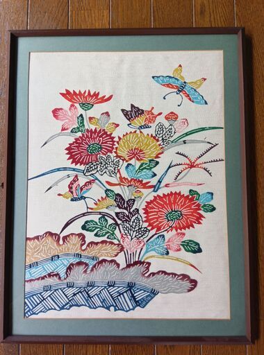 【美品】絵画　花・蝶・池　世界堂