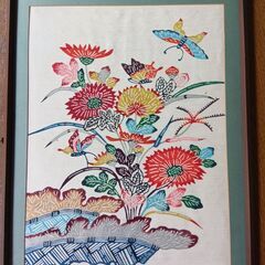 【美品】絵画　花・蝶・池　世界堂