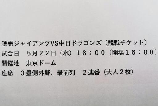 巨人対中日観戦チケット2枚セット