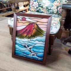 ステンドグラス 赤富士 鶴 壁飾り 額入り　/UJ-0875 南